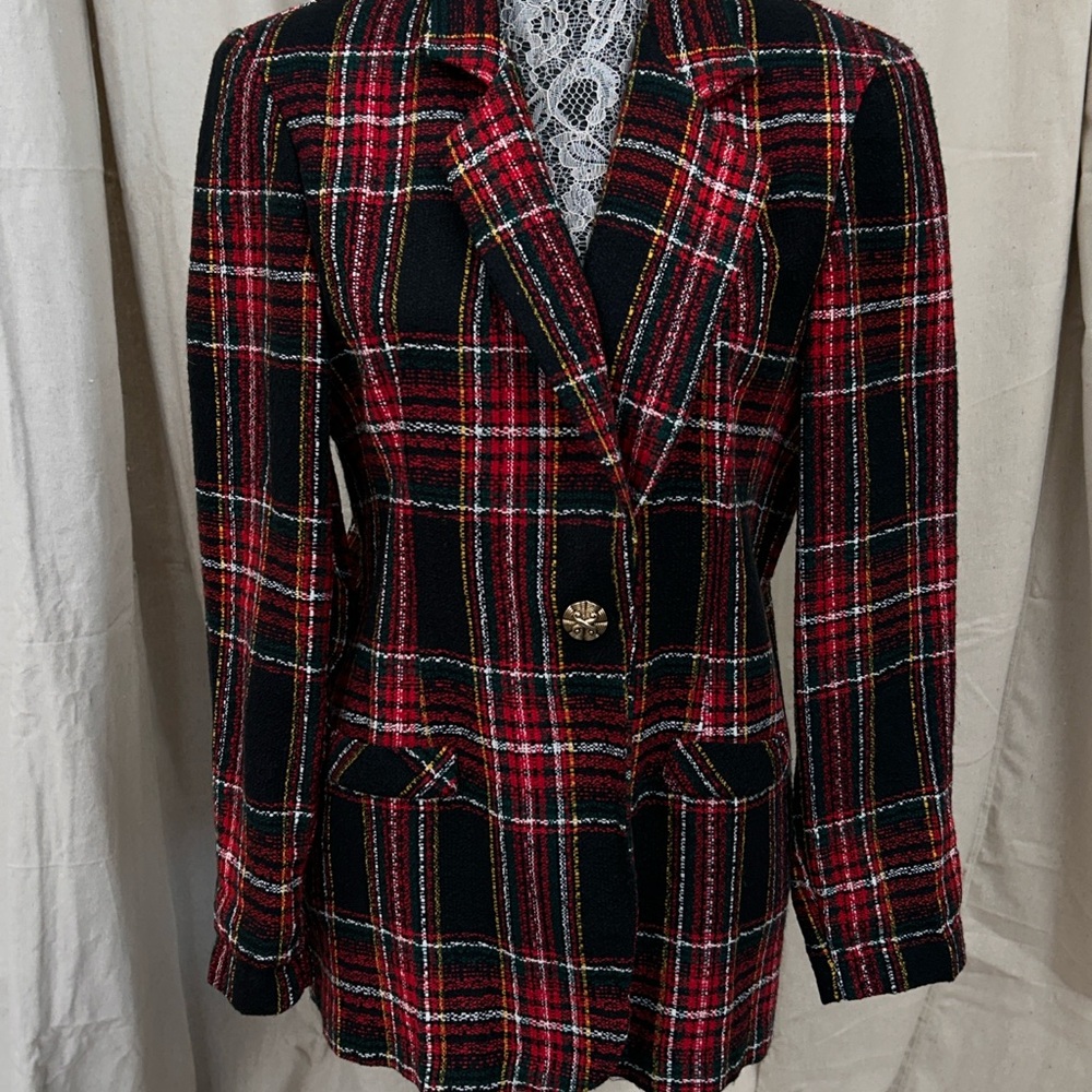 Studio C Red and Black Plaid Blazer